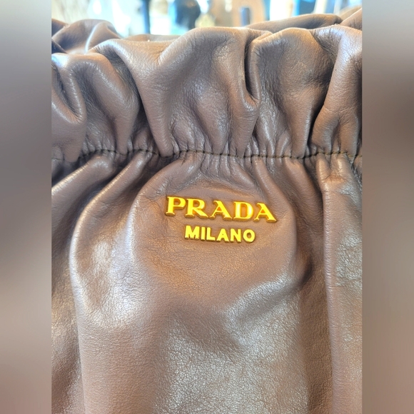 PRADA Brown Drawstring Leather Tote Shoulder Bag - Picture 3 of 6